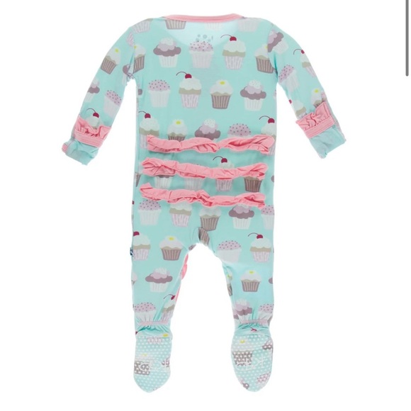 KicKee Pants Summer Sky Cupcakes Classic Ruffle Footie Pink Blue 3-6 - Picture 2 of 6
